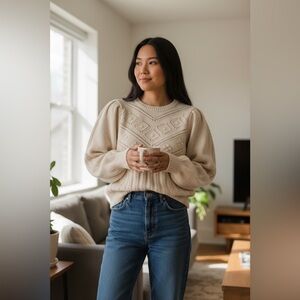 FRENCH CONNECTION Ivory Kitty Jumper Sweater Large NWT Patterned Knit Cozy